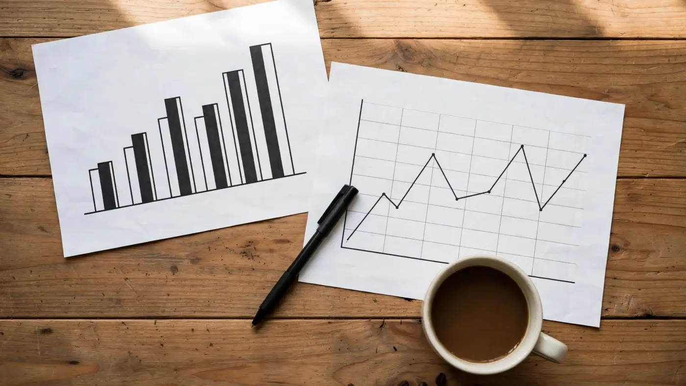 Gráficos financieros impresos sobre un escritorio con un bolígrafo y una taza de café, vista cenital