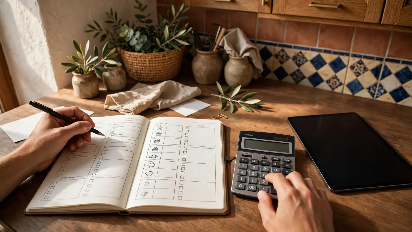 Planificación del presupuesto familiar en una mesa de cocina con agenda, calculadora y tableta
