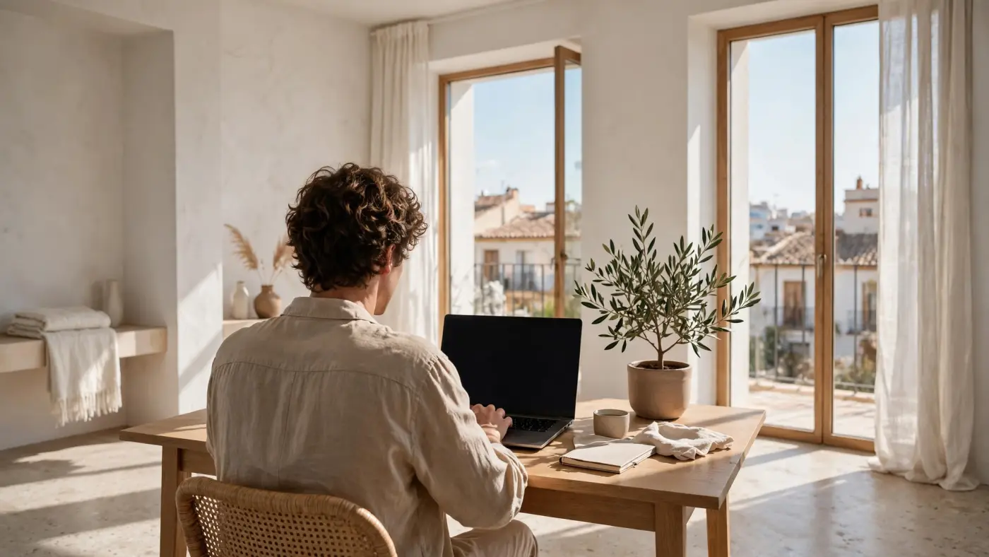 Persona trabajando en un portátil en un apartamento luminoso, vista desde atrás