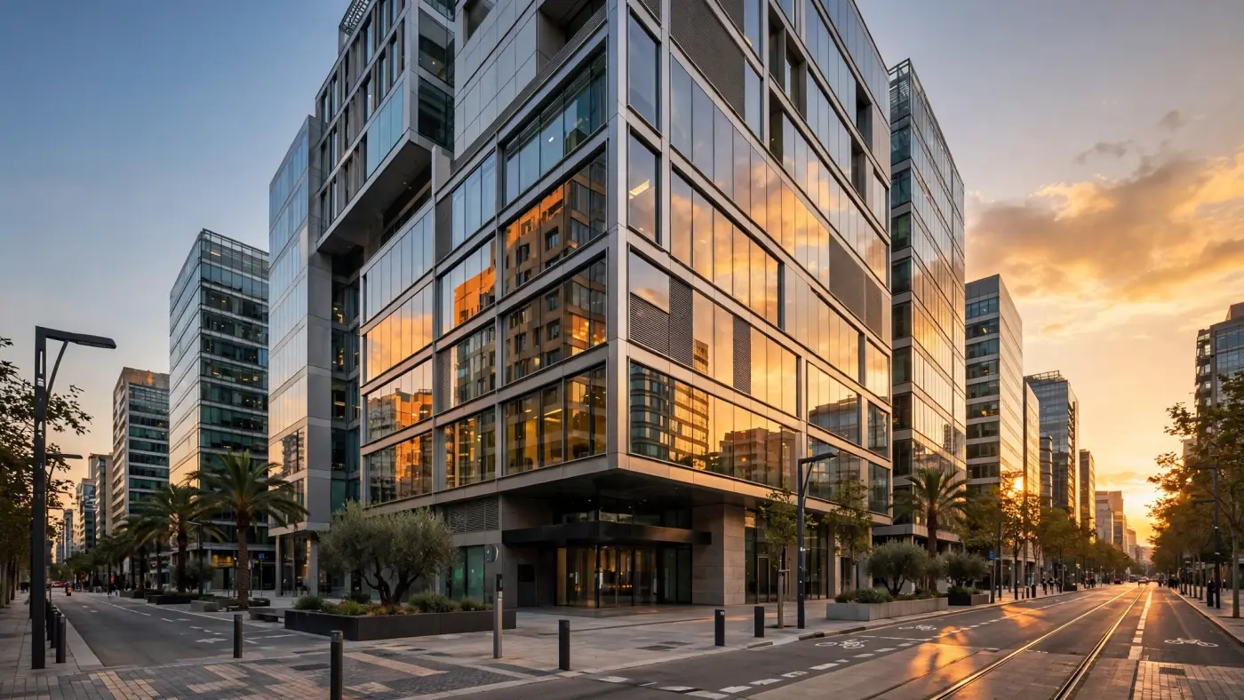 Distrito financiero moderno en Barcelona, fachada de edificio de oficinas al atardecer