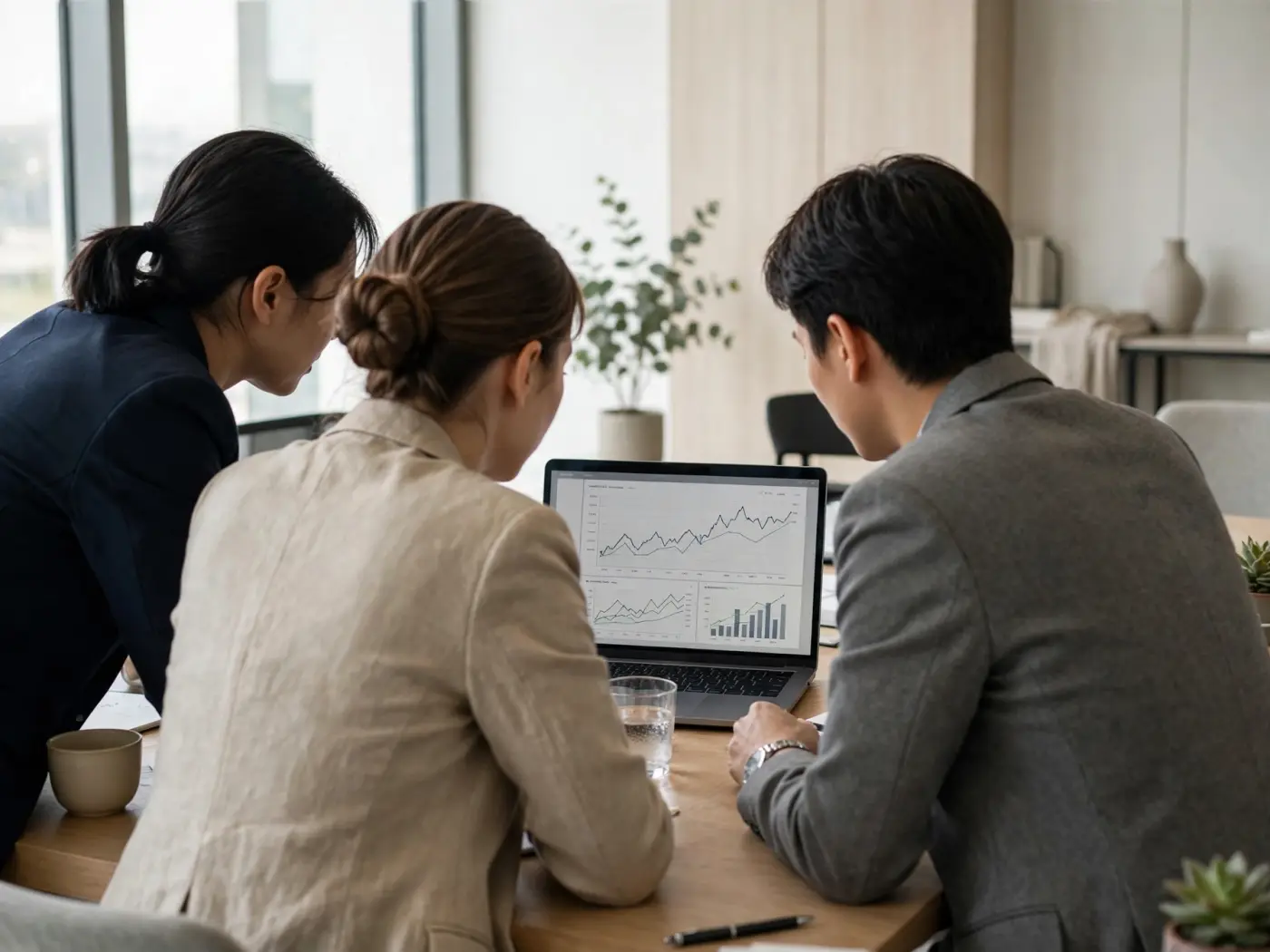 Grupo de profesionales revisando gráficos en un portátil en una oficina moderna