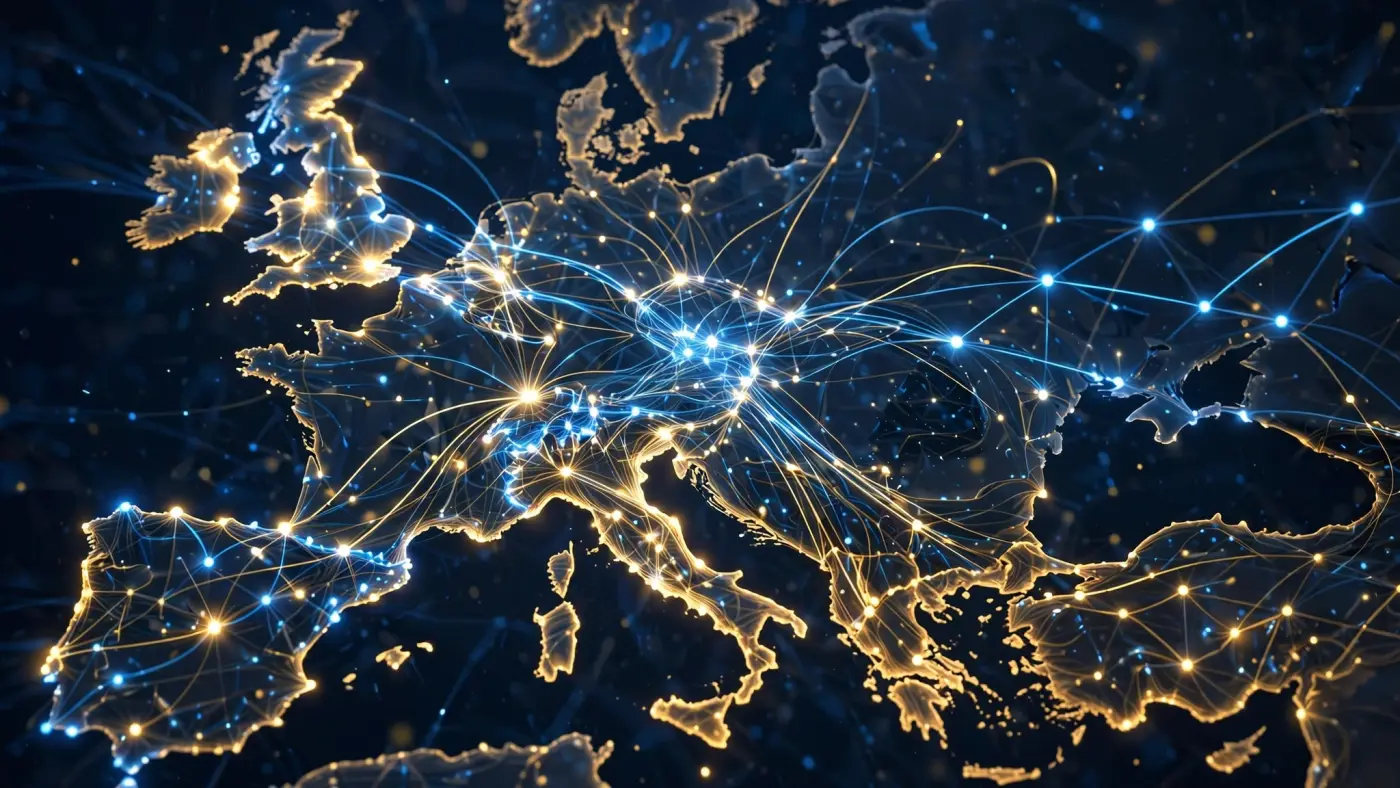 Visualización abstracta de flujos de datos de mercados europeos con líneas y nodos sobre fondo azul oscuro